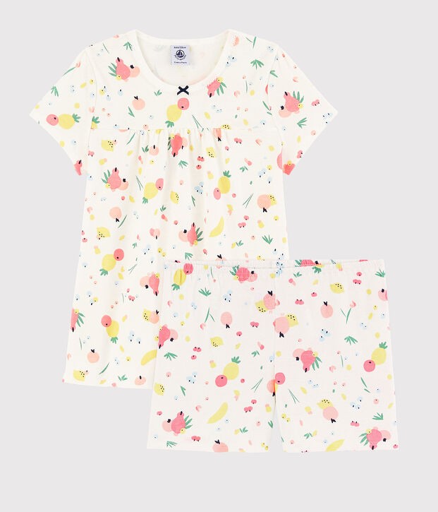 Pijama corto con estampado de frutas de verano de ni&ntilde;a de algod&oacute;n ecol&oacute;gico blanco/multicolor