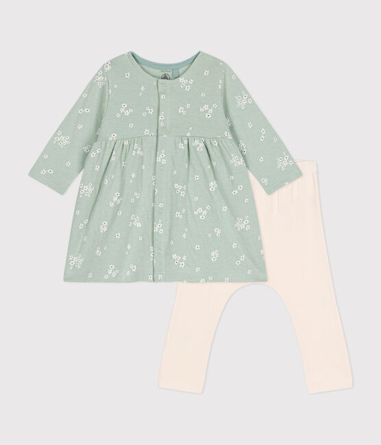 Vestido y leggings de algodón para bebé verde HERBIER/blanco MULTICO
