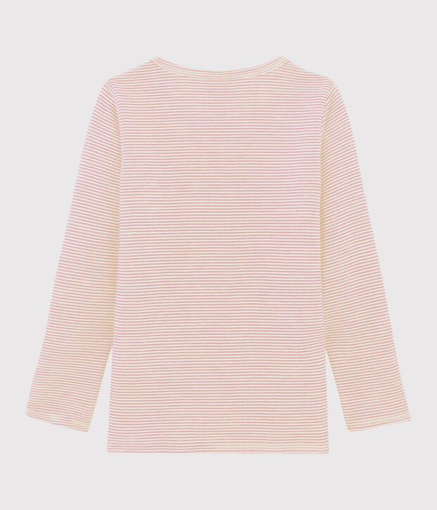 Camiseta de manga larga milrayas de ni&ntilde;a de lana y algod&oacute;n rosa/blanco