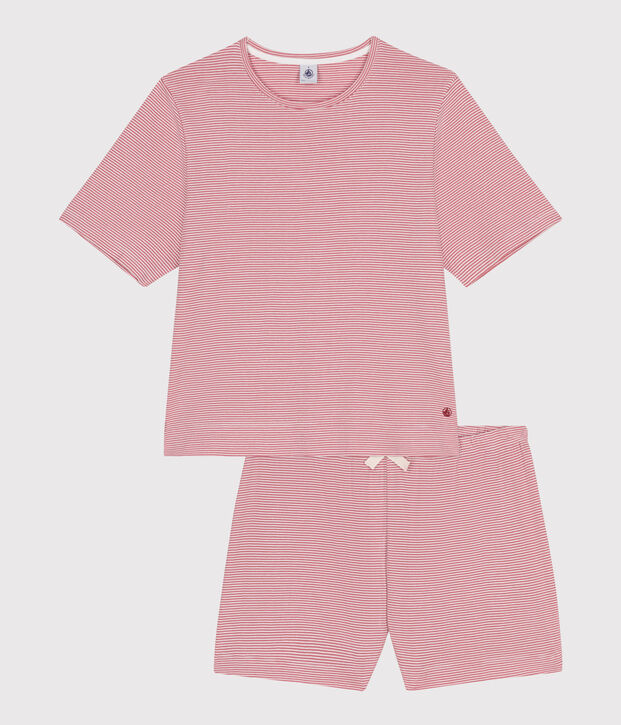 Pijama corto de algod&oacute;n a rayas para mujer rosa/blanco