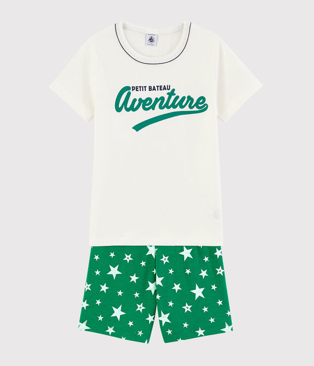 Pijama corto verde con estrellas de algod&oacute;n de ni&ntilde;o blanco/verde