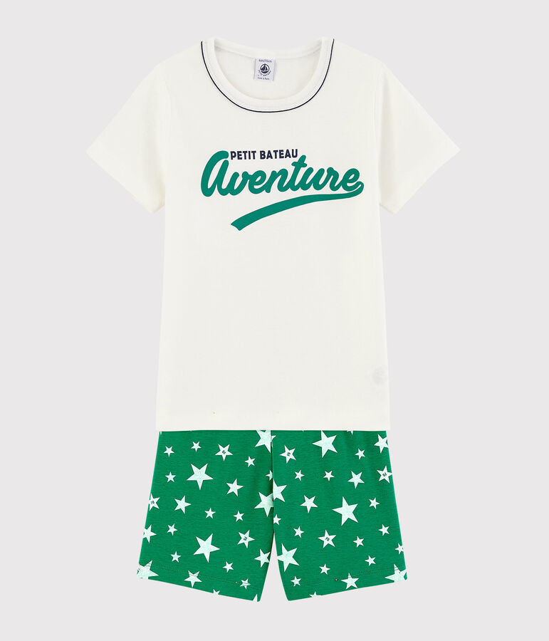 Pijama corto verde con estrellas de algod&oacute;n de ni&ntilde;o blanco MARSHMALLOW/verde GAZON