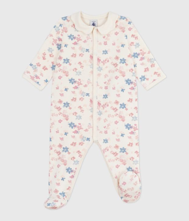 Pijama de felpa cepillada con cuello p&eacute;talo y estampado de flores para beb&eacute; crudo/multicolor