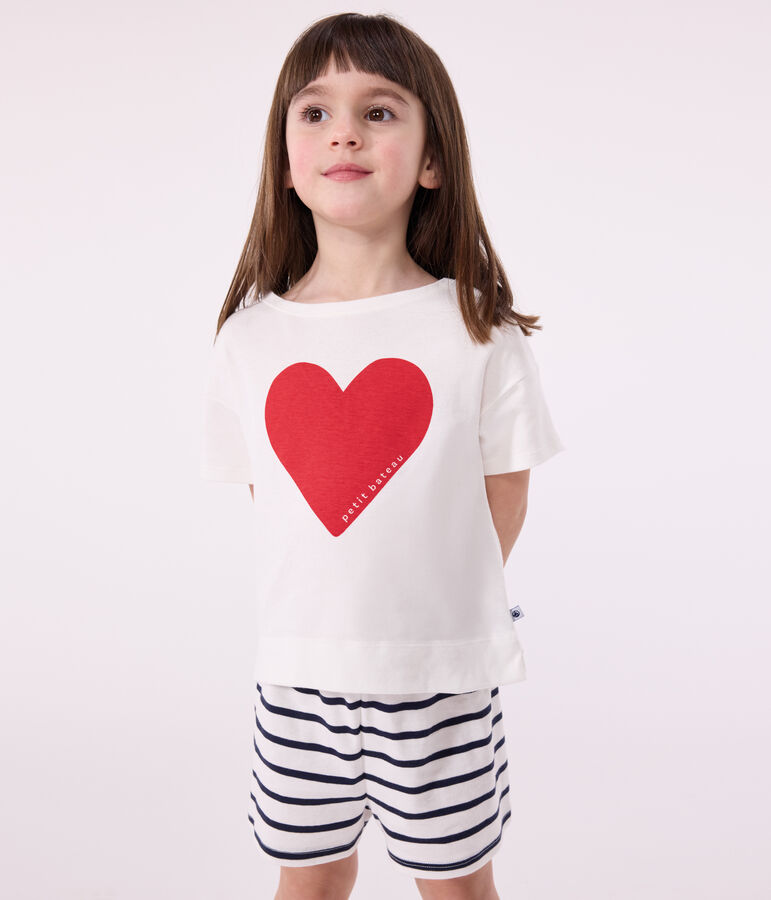 Pijama corto infantil de algod&oacute;n con estampado de corazones blanco/azul