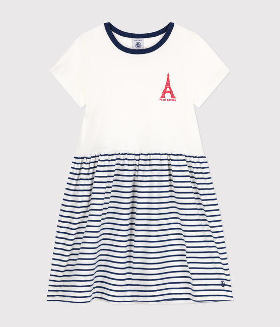 Vestido de algodón de manga corta para niña blanco MARSHMALLOW/azul MEDIEVAL