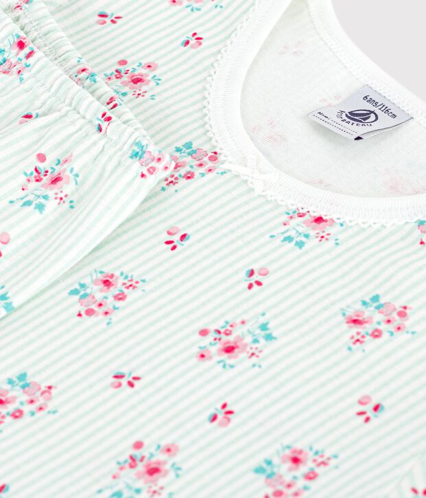 Pijama infantil de algod&oacute;n de manga corta y pierna larga con flores blanco/multicolor
