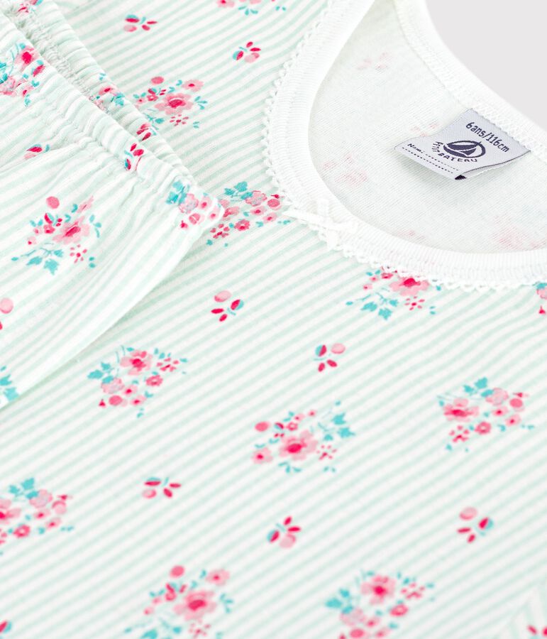 Pijama infantil de algod&oacute;n de manga corta y pierna larga con flores blanco/multicolor