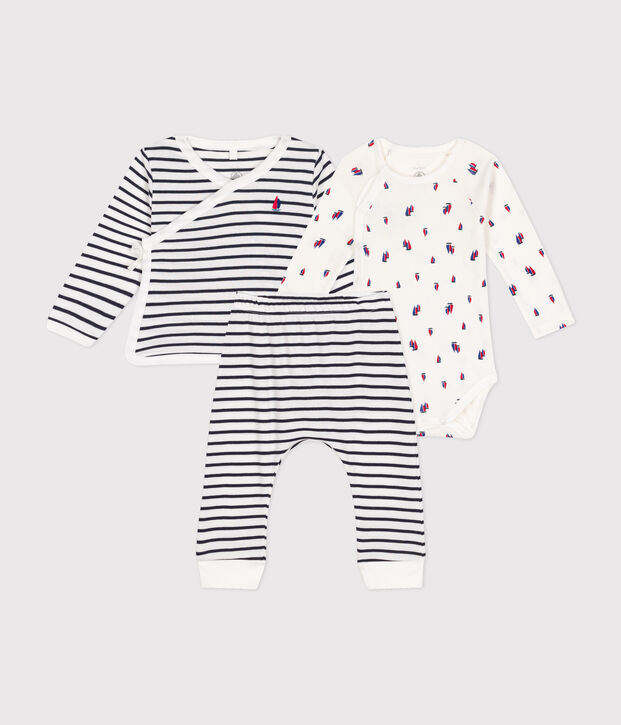 Conjunto de 3 piezas de algod&oacute;n para beb&eacute; blanco/azul