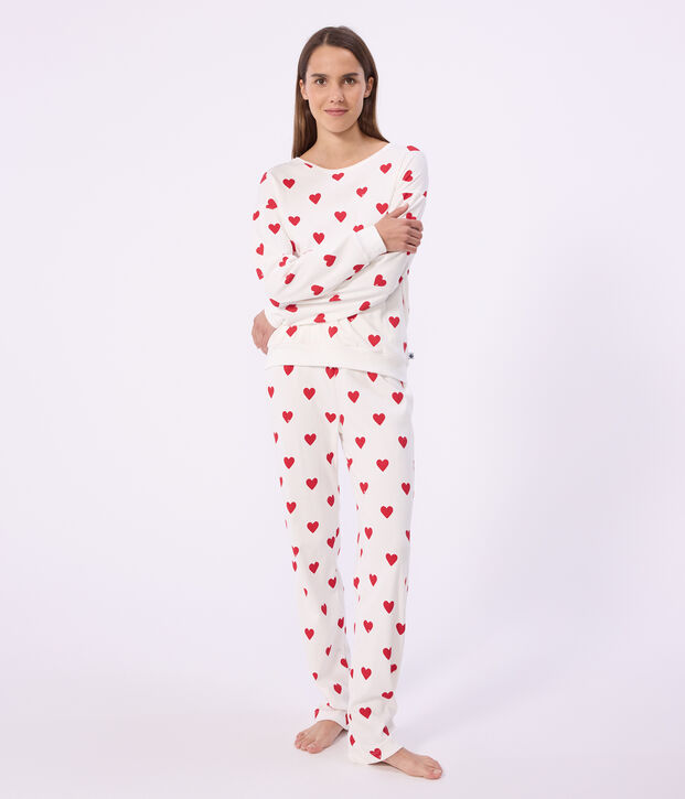 Pijama de algod&oacute;n con estampado de corazones para mujer blanco/rojo