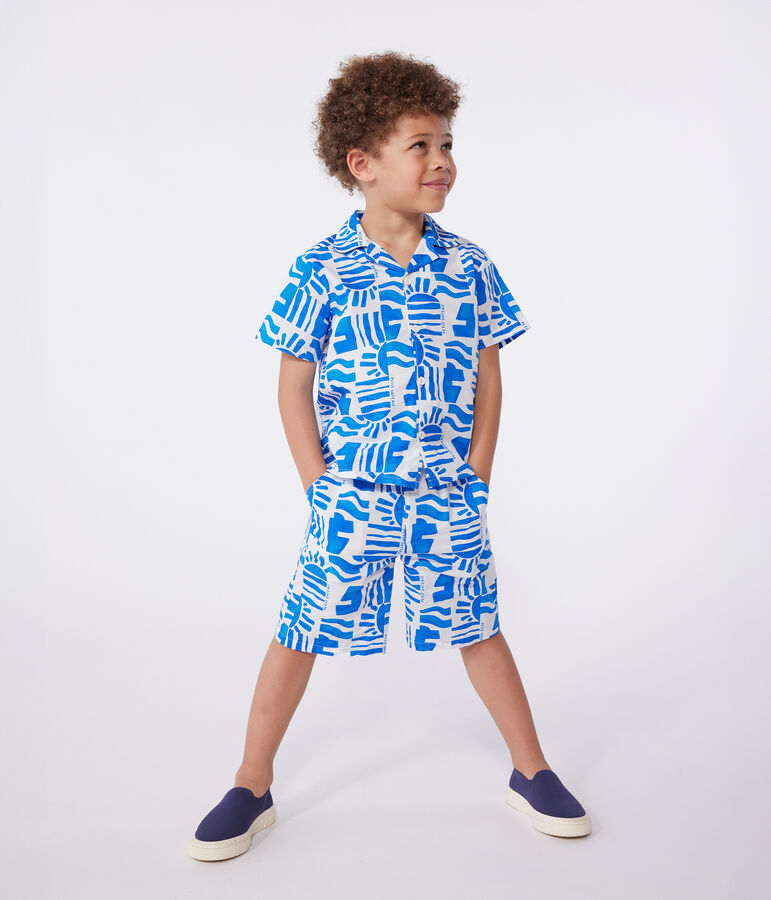 Camisa infantil de algod&oacute;n de manga corta con estampado blanco/azul