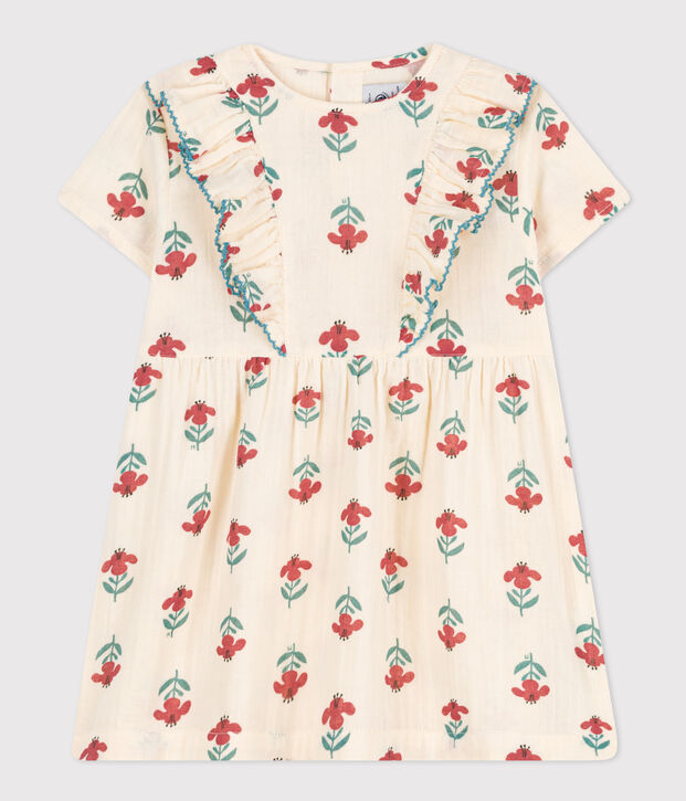 Vestido estampado de manga corta de gasa de algod&oacute;n para beb&eacute; crudo/multicolor