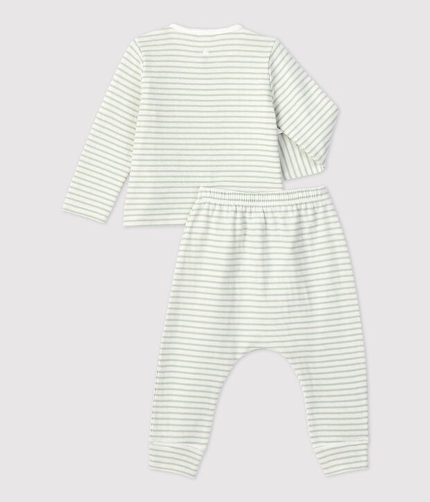 Conjunto de 2 piezas a rayas de tejido t&uacute;bico org&aacute;nico de beb&eacute; blanco/verde
