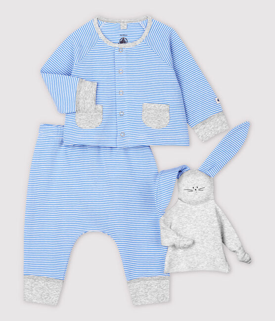 Conjunto de 3 prendas azules de bebé de algodón ecológico azul EDNA/blanco MARSHMALLOW