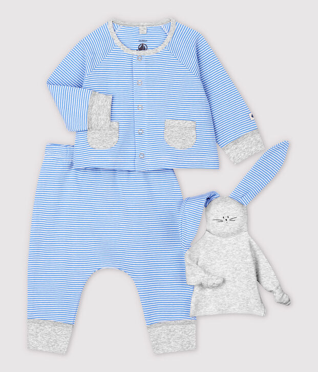 Conjunto de 3 prendas azules de beb&eacute; de algod&oacute;n ecol&oacute;gico azul/blanco