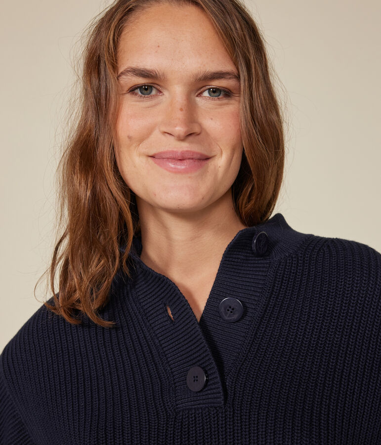 Jersey de algod&oacute;n con botones en el cuello para mujer azul