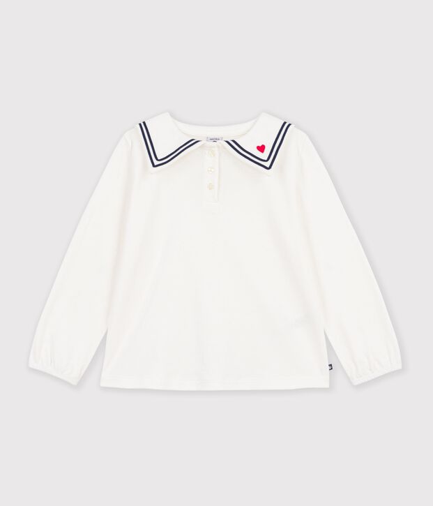 Blusa infantil lisa de manga larga de algod&oacute;n con cuello blanco