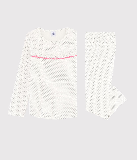 Pijama con lunares de niña de punto blanco MARSHMALLOW/azul MEDIEVAL