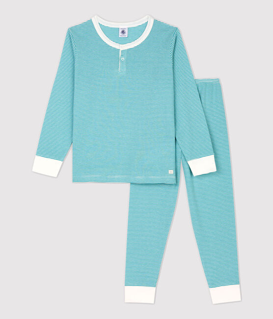 Pijama a rayas de niña/niño algodón y lyocell azul MIROIR/blanco MARSHMALLOW