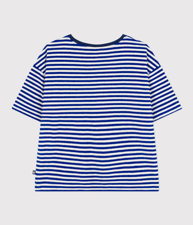 Camiseta le Boxy de algod&oacute;n de esponja a rayas de mujer azul/crudo