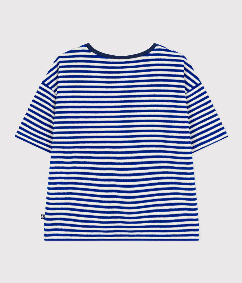 Camiseta le Boxy de algod&oacute;n de esponja a rayas de mujer azul/crudo