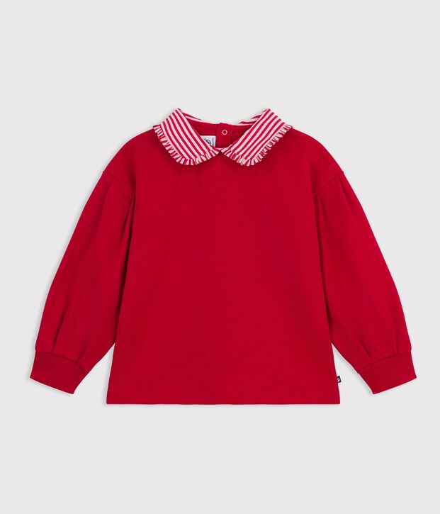 Sudadera infantil lisa de algod&oacute;n con cuello rojo
