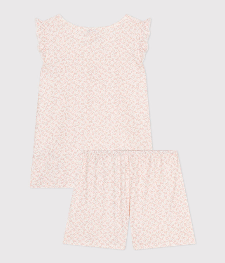 Pijama corto infantil de algod&oacute;n con estampado de flores blanco/rosa
