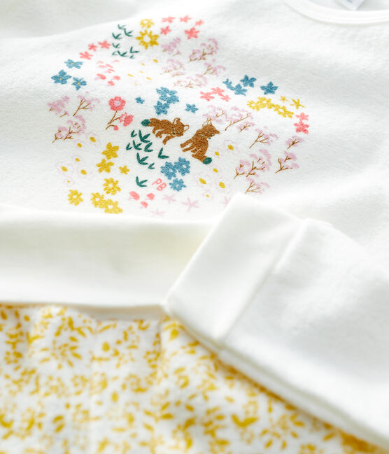 Pijama con flores de niña de rizo cepillado amarillo OCRE/blanco MARSHMALLOW