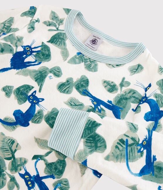 Pijama estampado de gatos en tejido tubular de niño blanco MARSHMALLOW/blanco MULTICO