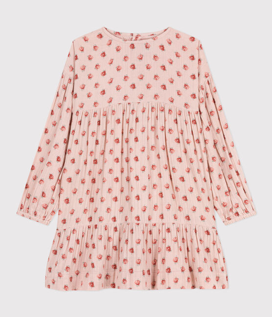 Vestido de manga larga de gasa de algodón con flores de niña rosa SALINE/blanco MULTICO