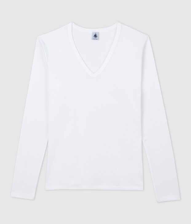 Camiseta de cuello de pico emblem&aacute;tica de algod&oacute;n de mujer blanco