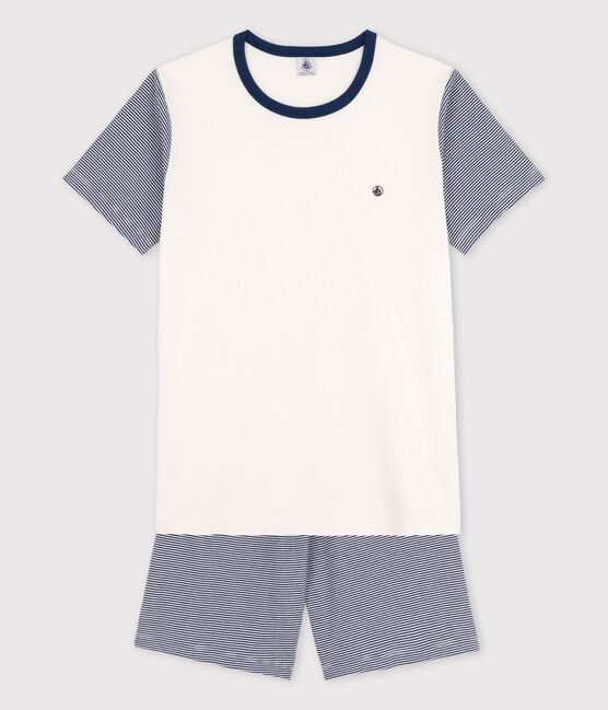 Pijama corto milrayas azul de algodón orgánico de chico azul MEDIEVAL/blanco MARSHMALLOW