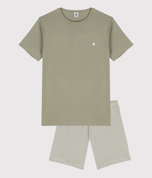 Pijama corto de algod&oacute;n milrayas para ni&ntilde;o verde/blanco