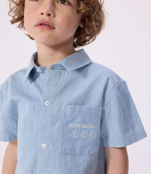 Camisa infantil de algod&oacute;n de manga corta azul