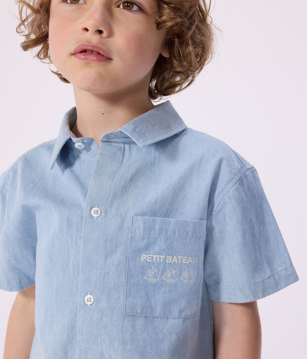 Camisa infantil de algod&oacute;n de manga corta azul
