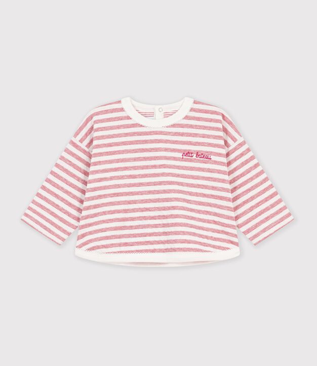 Camiseta de manga larga a rayas de algod&oacute;n para beb&eacute; rosa/crudo