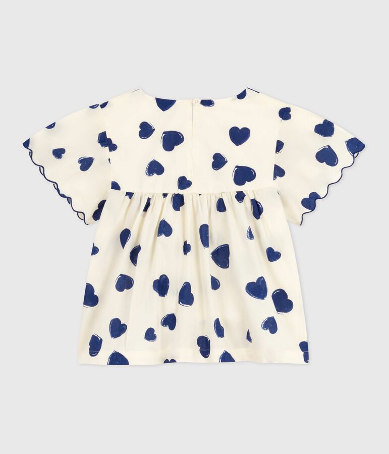 Blusa infantil de manga corta de popelina de algod&oacute;n estampada crudo/azul