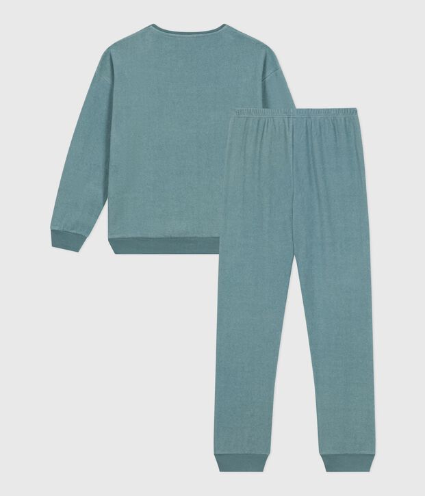 Pijama liso de rizo de algod&oacute;n para mujer azul