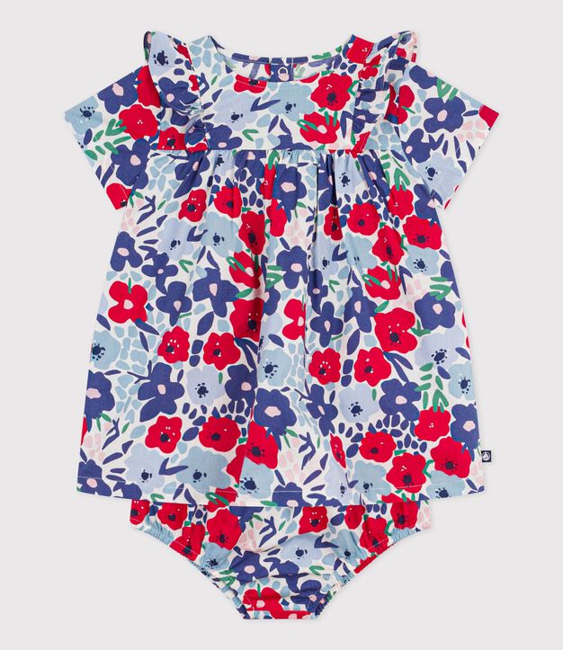 Vestido de algod&oacute;n de manga corta y pololo con estampado de flores para beb&eacute; blanco/multicolor
