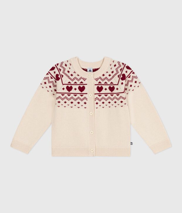 C&aacute;rdigan infantil de lana y algod&oacute;n con estampado jacquard crudo/rojo