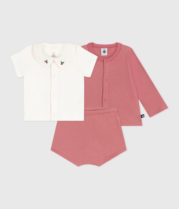 Conjunto de tres piezas de algod&oacute;n y camiseta con cuello bordado para reci&eacute;n nacido rosa/multicolor