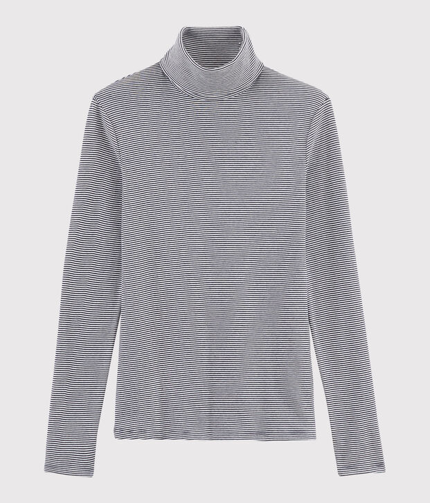 Camiseta de cuello alto emblem&aacute;tica de algod&oacute;n de rayas de mujer azul/blanco