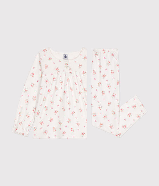 Pijama de algodón infantil con estampado de flores blanco MARSHMALLOW/blanco MULTICO
