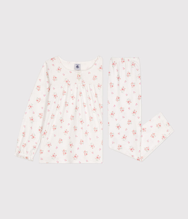 Pijama de algod&oacute;n infantil con estampado de flores blanco/multicolor