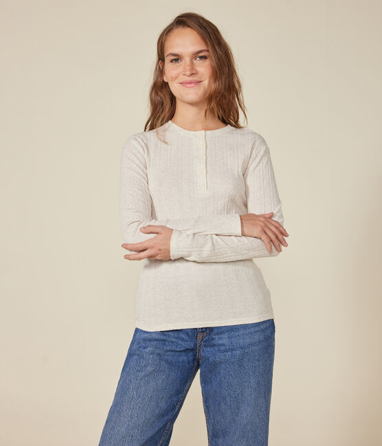 Camiseta lisa de manga larga de punto desagujado con cuello mao para mujer beige MONTELIMAR CHINE