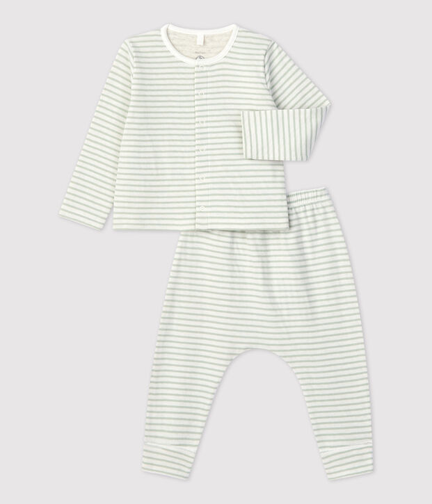 Conjunto de 2 piezas a rayas de tejido t&uacute;bico org&aacute;nico de beb&eacute; blanco/verde