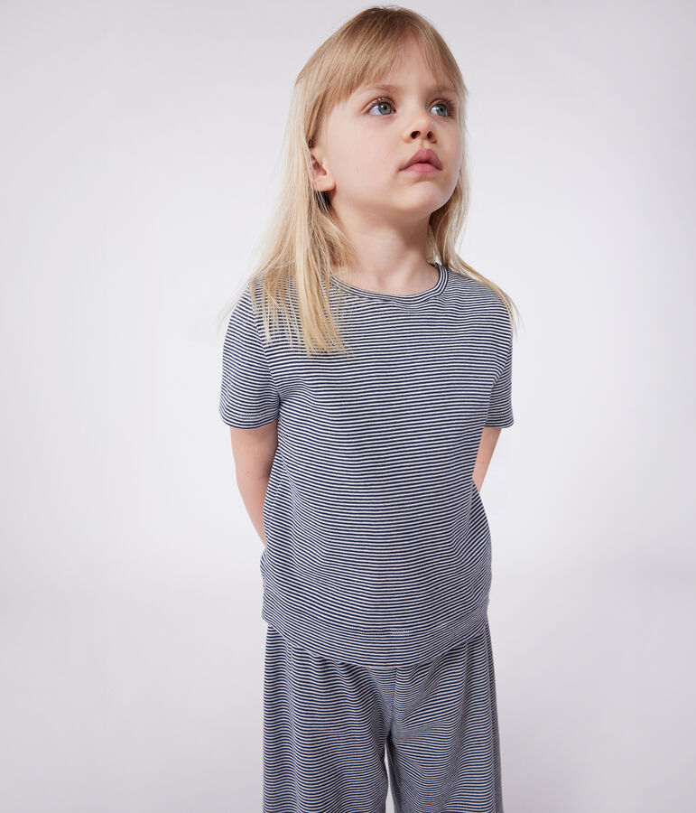 Pijama infantil de manga corta y pernera ancha de algod&oacute;n a rayas azul/blanco