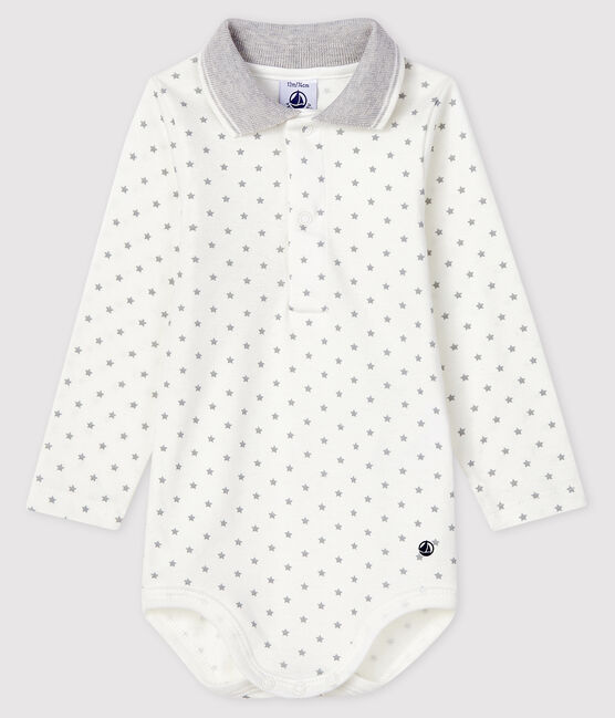 Bodi de manga larga con cuello de polo para bebé blanco MARSHMALLOW/gris GRIS