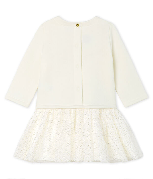 Vestido bimaterial de manga larga para beb&eacute; ni&ntilde;a blanco