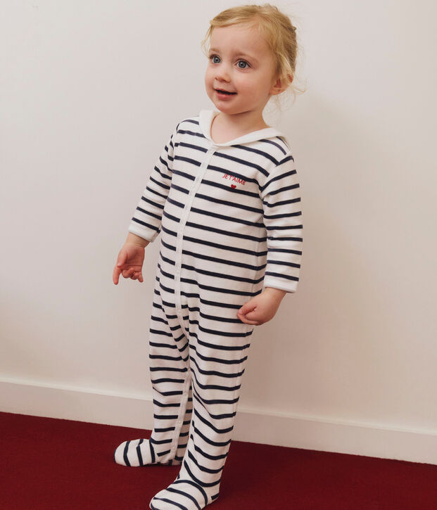 Pijama de terciopelo estampado a rayas para beb&eacute; blanco/azul
