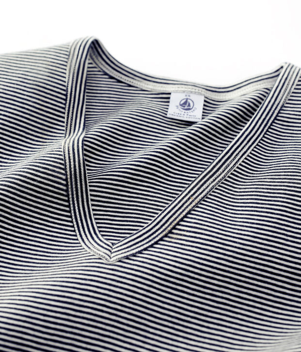 Camiseta ICONICA de algod&oacute;n con cuello de pico para mujer azul/blanco